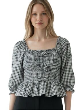 Sofie The Label Smocked Picnic Gingham Top Black White Cottagecore Size Small